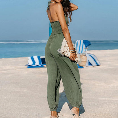 Sexy Deep V-neck Pleated Women Jumpsuit 2025 Spring Fashion Solid Pocket Romper Playsuit Summer Hollow Backless Lace-up Overalls