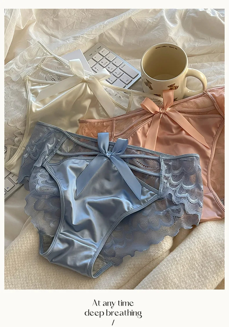 5Pcs Silk underwear, Women's intimate sexy lovely soft ﻿comfortable bowknot silk light thin triangular pants lace splicing