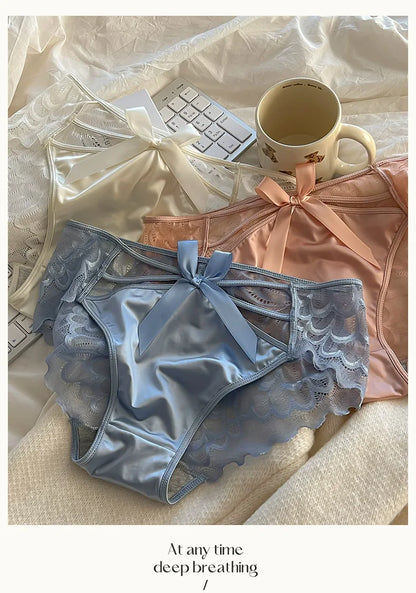 5Pcs Silk underwear, Women's intimate sexy lovely soft ﻿comfortable bowknot silk light thin triangular pants lace splicing