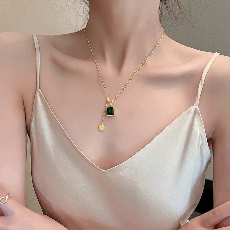 Trendy Square Stainless Steel Green Zirconia Pendant Necklaces For Women Girls Gold Color Metal Round Drop Jewelry Birthday Badiee Stylez