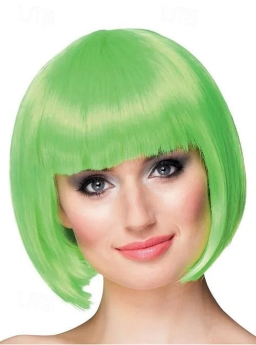 HAIRJOY Women Short Straight White Bob Wig with Bangs Synthetic Hair for Daily Party Cosplay Halloween green 10inches
