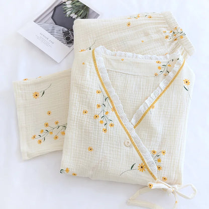 Fdfklak 2025 Spring Crepe Kimono Long Sleeve Home Clothes Female Sleepwear Gauze Cotton V-Neck Home Suit Women's Pajama