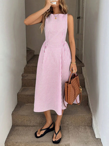 Summer fashion new high-end casual vertical stripe sleeveless dress Pink