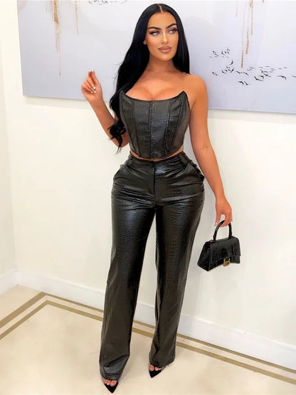 HBLL Women's Green Corset Cut-Out Cargo Sexy Sleeveless Jumpsuits PU Leather Matching Set Sexy Clubwear 2 Piece Outfits black