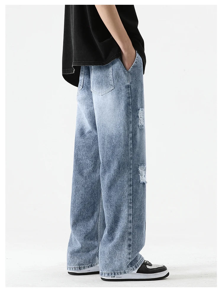 Men's Summer Ripped Jeans Loose Straight Leg Retro Men Draw Rope Port Fashion Brand All-match Casual Pants