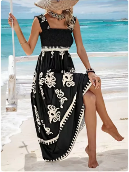 Summer Sleeveless Square Collar Printed Dress Women Suspender High Waist A Line Dresses Beach Vacation Robe