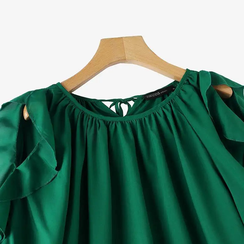 ZANZEA Women Cold Shoulder Blouses Fashion Ruffled Half Sleeve Tops 2024 Back Straps Pleated Tunics Summer Casual Loose Shirts