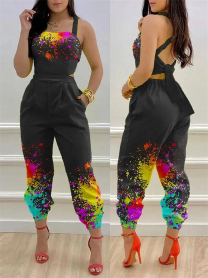 New Summer Fashion Printed Sleeveless Jumpsuit Sexy Hollow Backless Lace Up Long Jumpsuits Elegant Casual Jumpsuit With Pocket Badiee Stylez