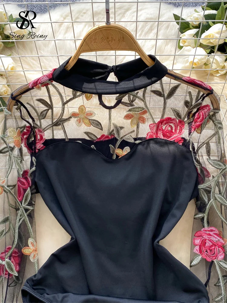 SINGREINY Vintage Embroidery Gauze Sexy Bodysuits Stand Collar Long Sleeve Playsuits Fashion Spliced Women Open crotch Rompers