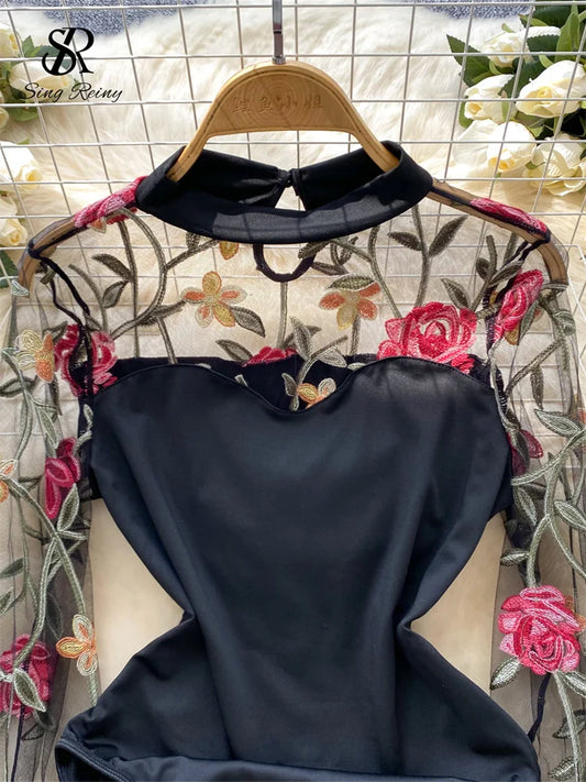 SINGREINY Vintage Embroidery Gauze Sexy Bodysuits Stand Collar Long Sleeve Playsuits Fashion Spliced Women Open crotch Rompers