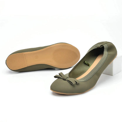 Ballet shoes with bows embellished, flat for commuting casual, soft and foldable soles green