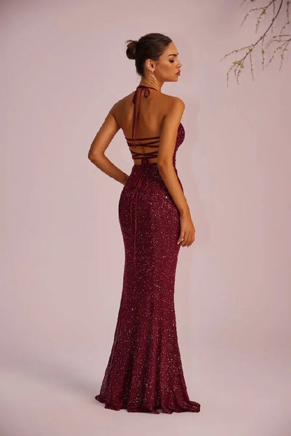 New wine red sequin fabric evening dress with no sleeves, tied straps, high slit, strapless style, essential for parties Badiee Stylez