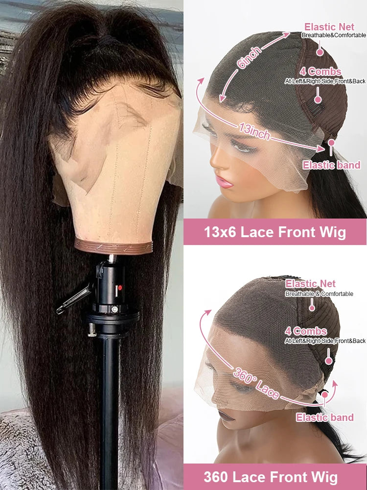 High Density Kinky Straight 360 Lace Front Wigs Human Hair Brazilian 40 Inch Yaki Straight 13x6 HD Lace Frontal Wig Preplucked 13x6 Lace Front Wig