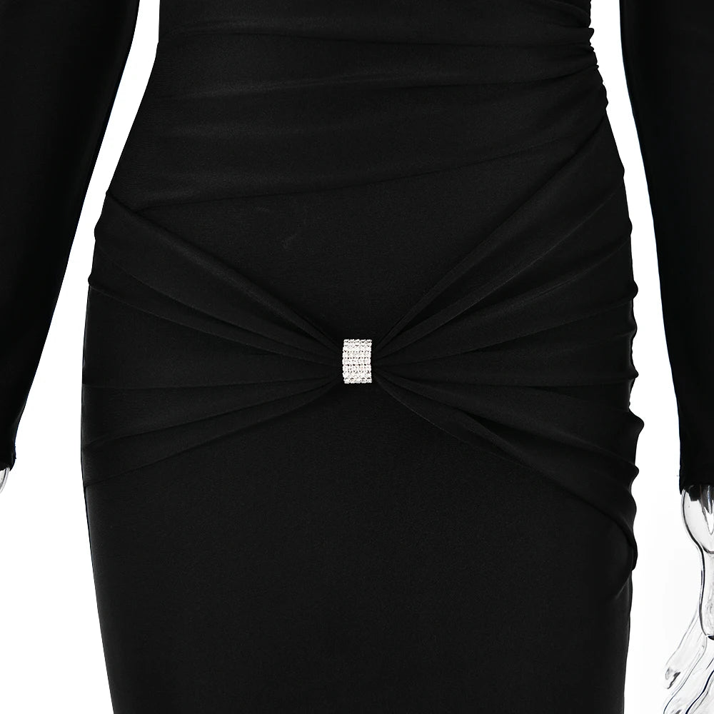 Articat Sexy Hollow Out Long Sleeved Elastic Tight Dress Women Pleats Double Layered Female Vestidos Elegant Party Evening Dress