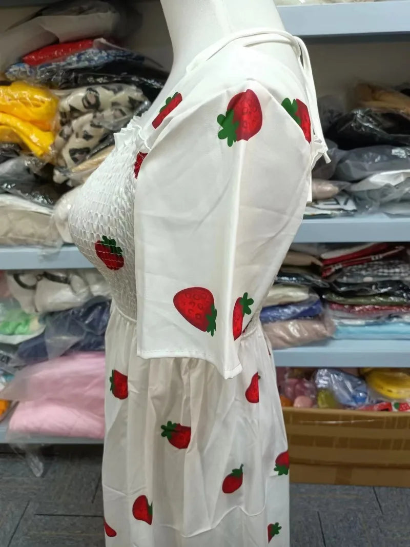 Vintage Kawaii Strawberry Dress Women Sexy Ruffle Puff Sleeve Off Shoulder Embroidery Summer Party Dresses 2023 Korean Elegant