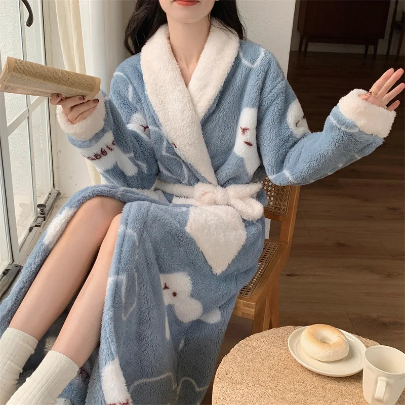 Women's Pajamas Cute Pijama Winter Sleepwear Warm Robe Sets Long Home Wear Bathrobe Plus Velvet Warmth Coral Fleece Nightgown Blue