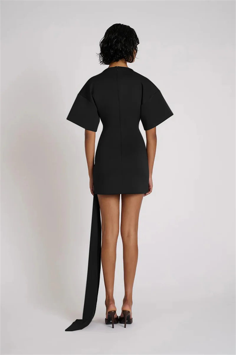 Mozision Fashion Short Sleeve Ruched Sexy Mini Dress Women Elegant Metal Decoration Solid O Neck High Waist Club Dresses New