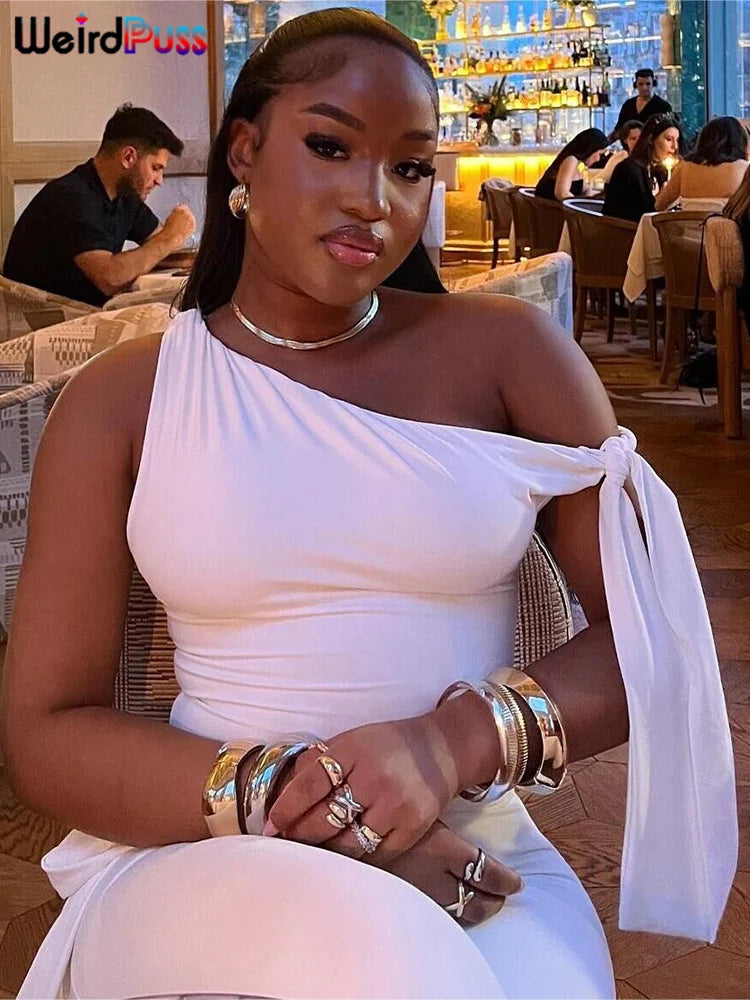 Weird Puss Chic Elegant 2 Piece Set Women Tracksuit Skew Collar Ribbon Tank Tsop+Leggings Casual Skinny Stretch Matching Outfits