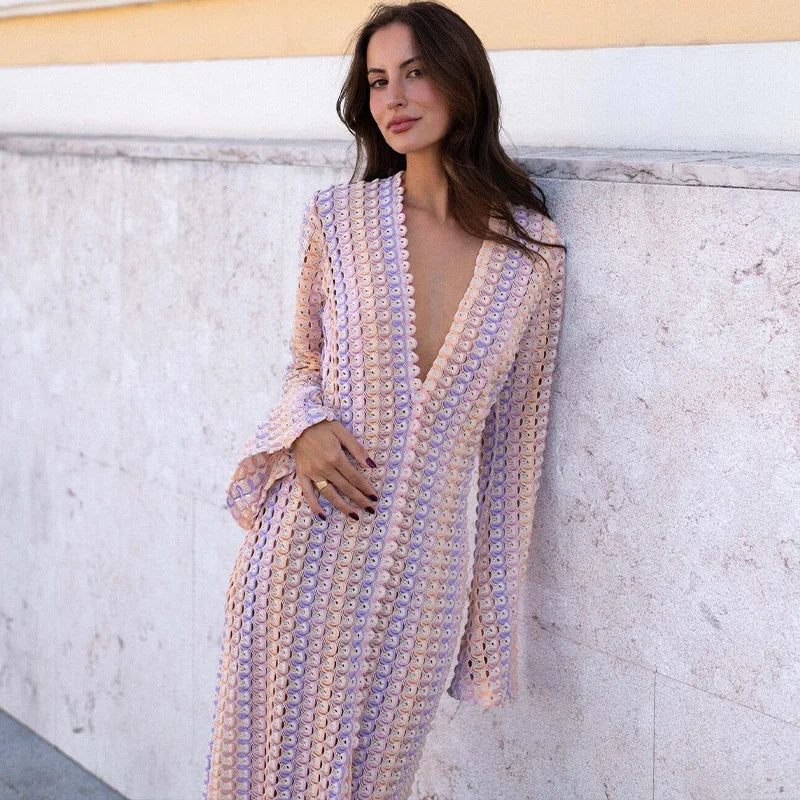 Crochet Colorful Stripe Flare Sleeve Maxi Dress Women V-neck High Split Sexy Lace Long Dresses 2024 New Beach Banquet Vestidos Pink