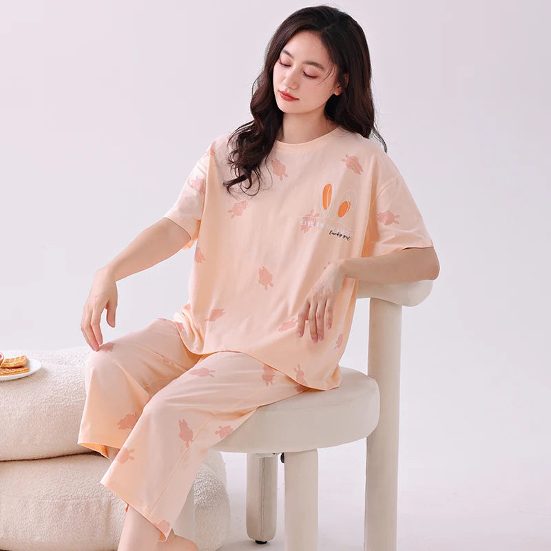 Newest Summer Casual Pajamas Set Women 100% Cotton Sleepwear Female Short Top+Calf-Length Pant Pyjamas DM99172