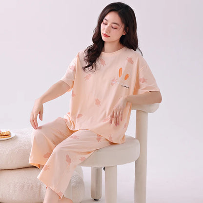 Newest Summer Casual Pajamas Set Women 100% Cotton Sleepwear Female Short Top+Calf-Length Pant Pyjamas DM99172