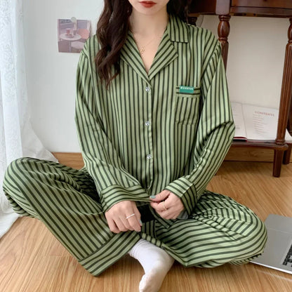 Korean Style Women's Two-piece Pajamas Sets Fashion Flower Print Faux Silk Satin Sleepwear Female Long Sleeve Pants Housewear 20