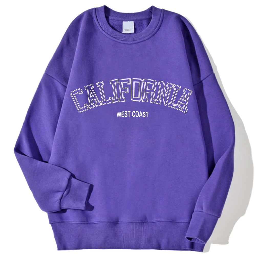 Korean Trend Woman Sweatshirts California West Coast Print Female hoodie Long Sleeves O-neck Pullovers Sporty and Rich Clothing Purple
