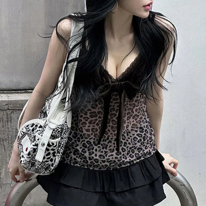 Leopard Mesh Crop Top y2k Bow Velvet Patchwork See Through Mini Vest Grunge Korean Vintage Camisole Lace Frill Tanks