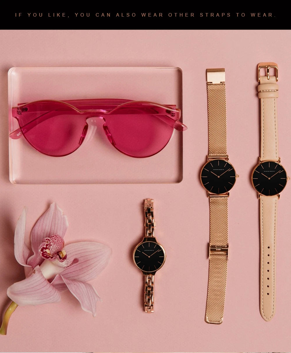 HANNAH MARTIN Brand Classic Women Quartz Watch 36mm Rose Gold Stainless Steel Mesh Strap Japanese Movement Girl Gift Wrist Watch