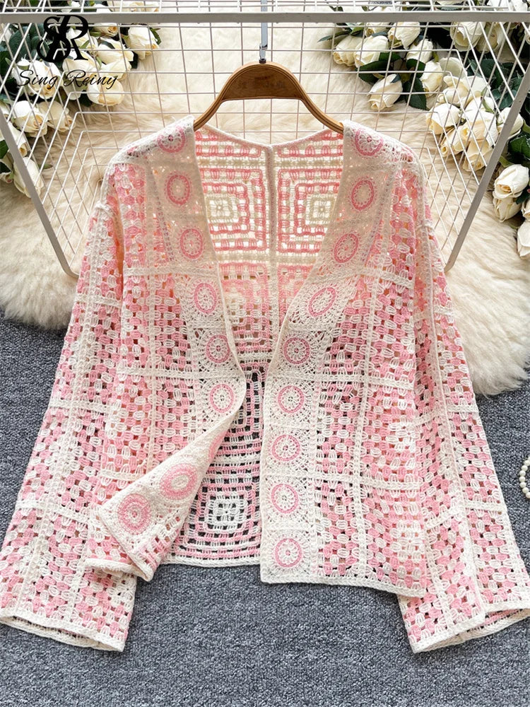 SINGREINY Vintage Boho Loose Plaid Cardigans Female Long Sleeves Hook Flower Hollow Tops 2025 Vacation Sunscreen Casual Shirt Badiee Stylez