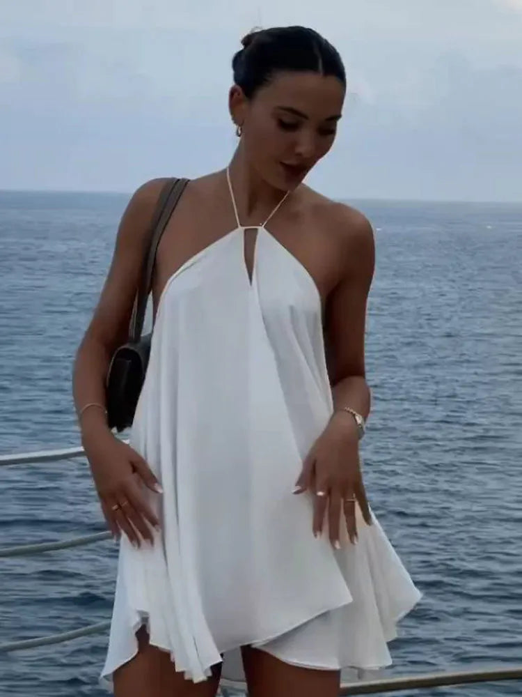 Women Sexy Halter Layered Ruffles Mini Dress Fashion Off Shoulder Backless A Line Vestidos Spring Summer Chic Lady Short Dresses White