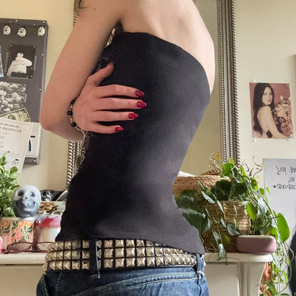 CIBBAR Gothic Print Black Tube Top Women Strapless Skinny Cropped Tops Summer Casual Chic Graphic Tees y2k Streetwear Vest Basic
