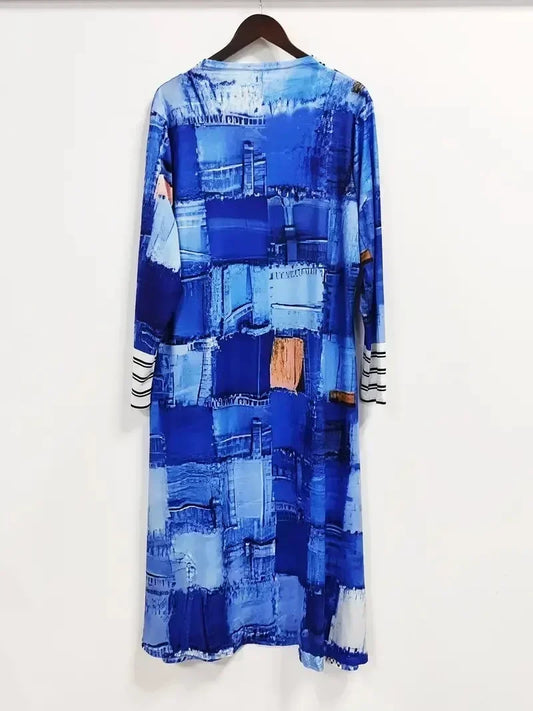 Plus Size 1XL-5XL Women's Long Jacket Casual Printed Cardigan Jacket Spring and Autumn Long Sleeved Fashionable Jacket