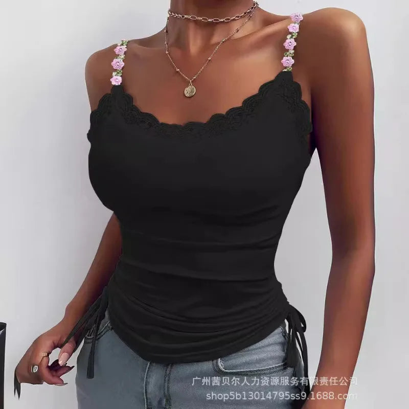 2024 Spring Summer New Vest Top Women's Closing Solid Color Slim Top Women Sexy Lace Stitching Three-Dimensional Decoration Vest