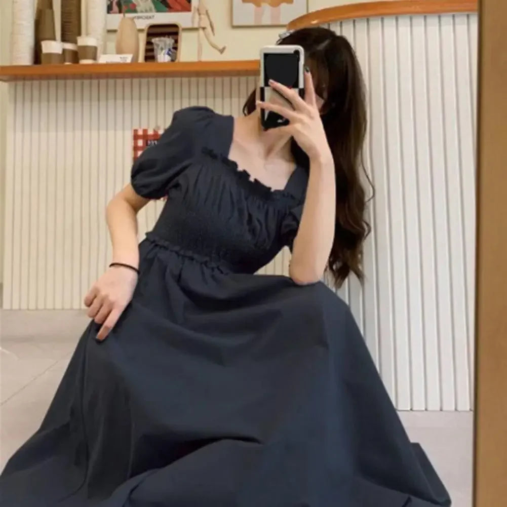 Summer Women Dress Pleated Shirring Square Neck Short Sleeve Bubble Sleeve Ladies Dress Solid Color Loose Hem Midi Dress