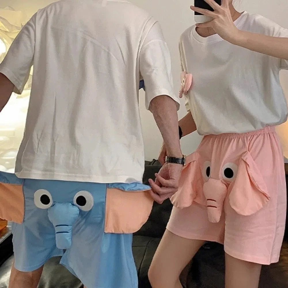 Cartoon 3D Ears Elephant Trunk Pajamas Nose Loose Short Sleeve Sleepwear Funny Couple Pajamas Suit Gifts