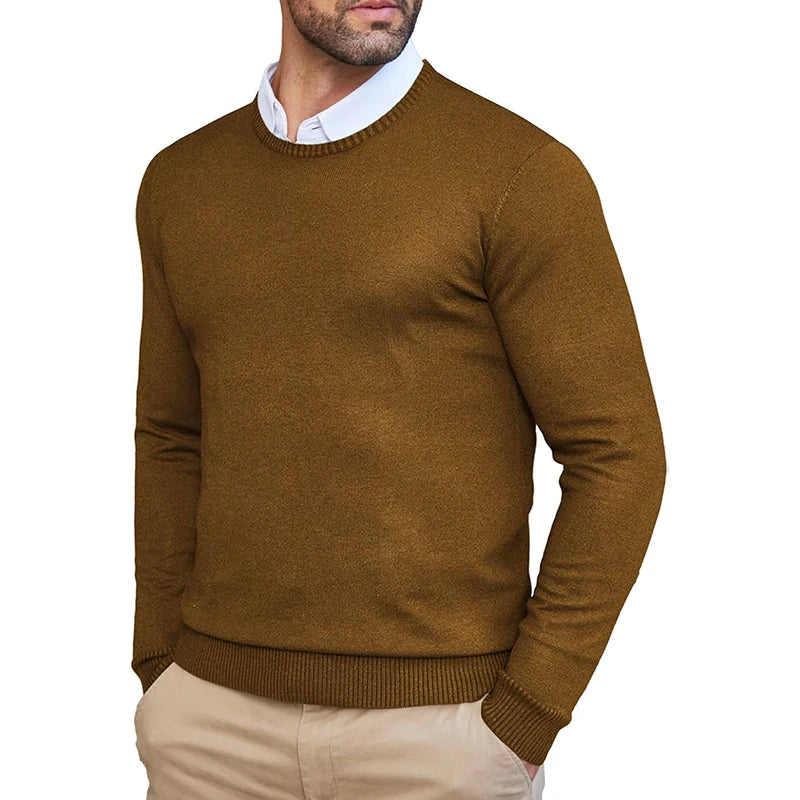 Autumn Men's Dress Crew Neck Sweater Slim Fit Lightweight Sweatshirts Knitted Pullover Casual Fashion Long Sleeve Sweater Brown