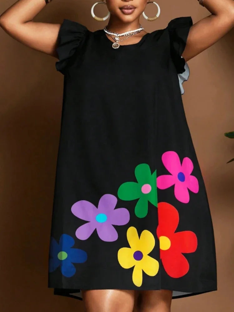 Women's Plus Size Mini Dress Ruffle Sleeve Round Neck Floral Printed Casual Elegant Retro Summer Loose Mid Dresses Vestidos black CHINA