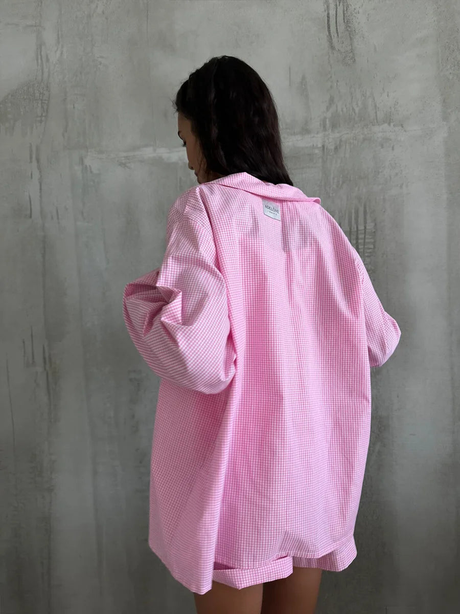 Muzuleva 100% Cotton Pink Patchwork Checkered Pajama Set Spring New Long Sleeved Shorts Pajamas Women's Casual Home Clothes