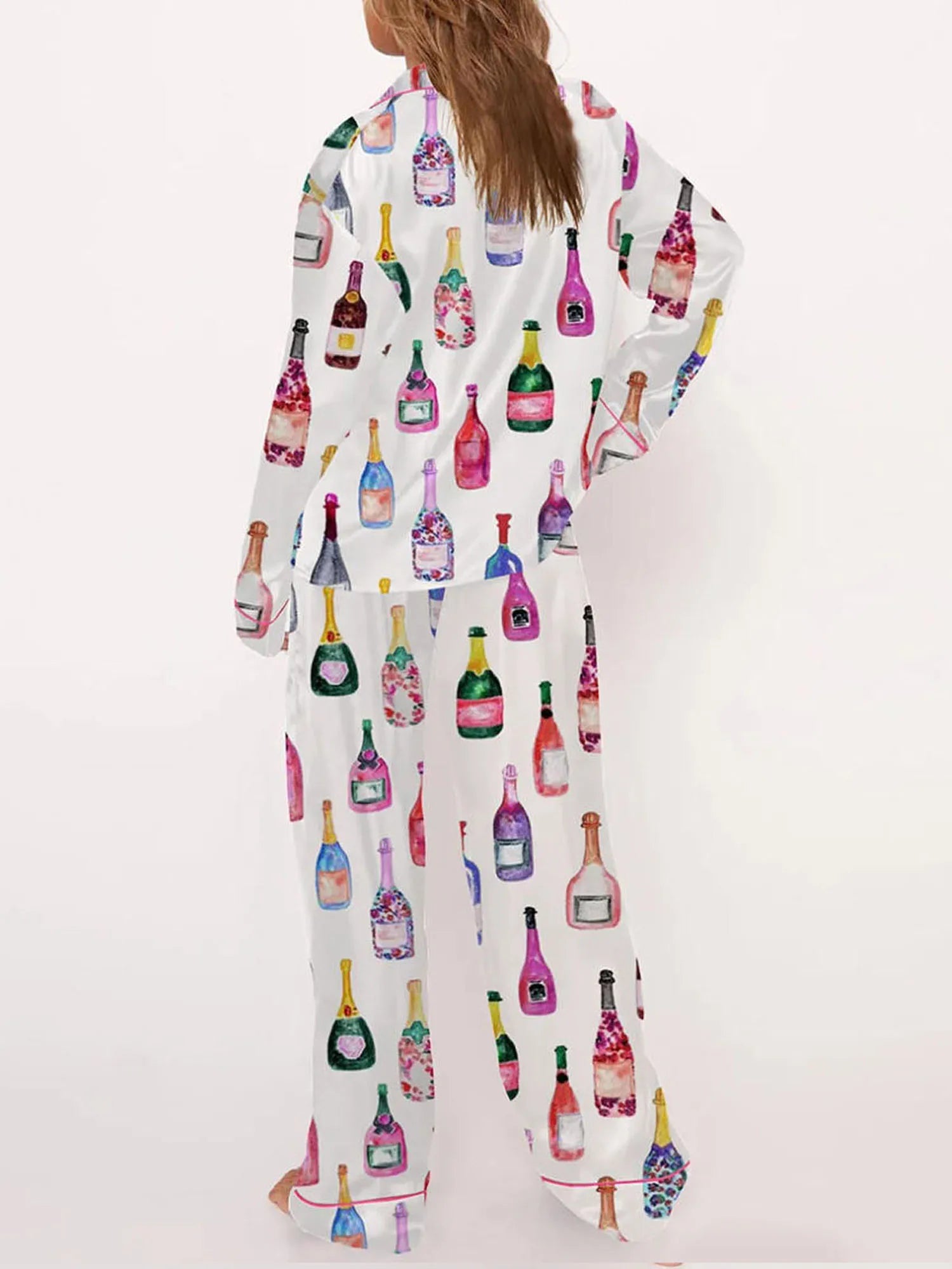 Womens Satin Pajamas Sets 2 Piece Set Champagne Bottle Wine Glasses Long Sleeve Button down Shirt Pants Satin Silk Loungewear