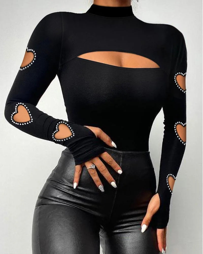 New Women Slim Fit Top Stylish Autumn Winter Sexy Blouse Mock Neck Bodycon Hollow Long Sleeve Tee Shirt With Stitching Beads