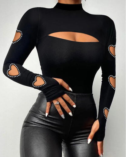 New Women Slim Fit Top Stylish Autumn Winter Sexy Blouse Mock Neck Bodycon Hollow Long Sleeve Tee Shirt With Stitching Beads