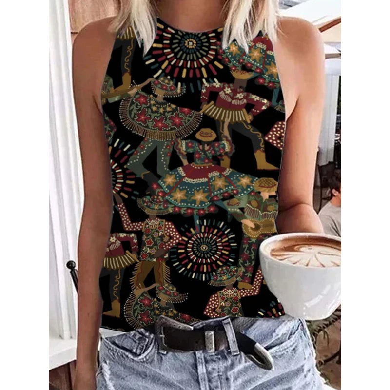 Ethnic Style Paisley 3D Print Tank Tops Women Retro Streetwear Y2k Oversized O-Neck Vest Off Shoulder Sleeveless Woman Camisole FKF66F202314149