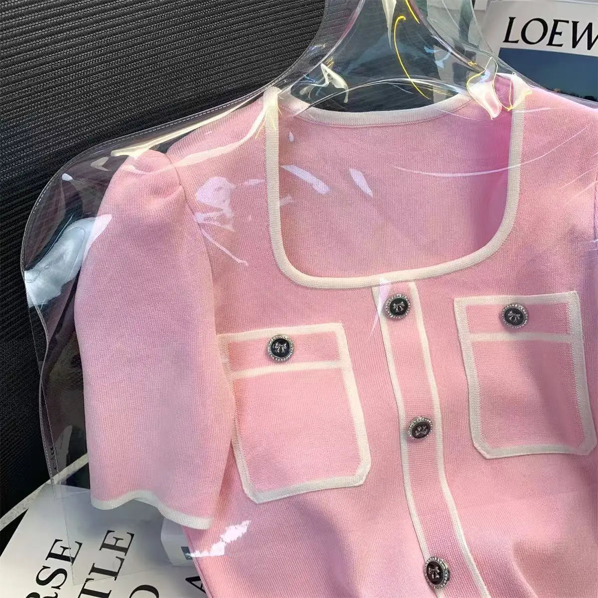 Femme Temperament All-match Patchwork Buttons Square Collar Knitting Top Tee Spring Summer Fashion Loose Short Sleeve T-Shirts