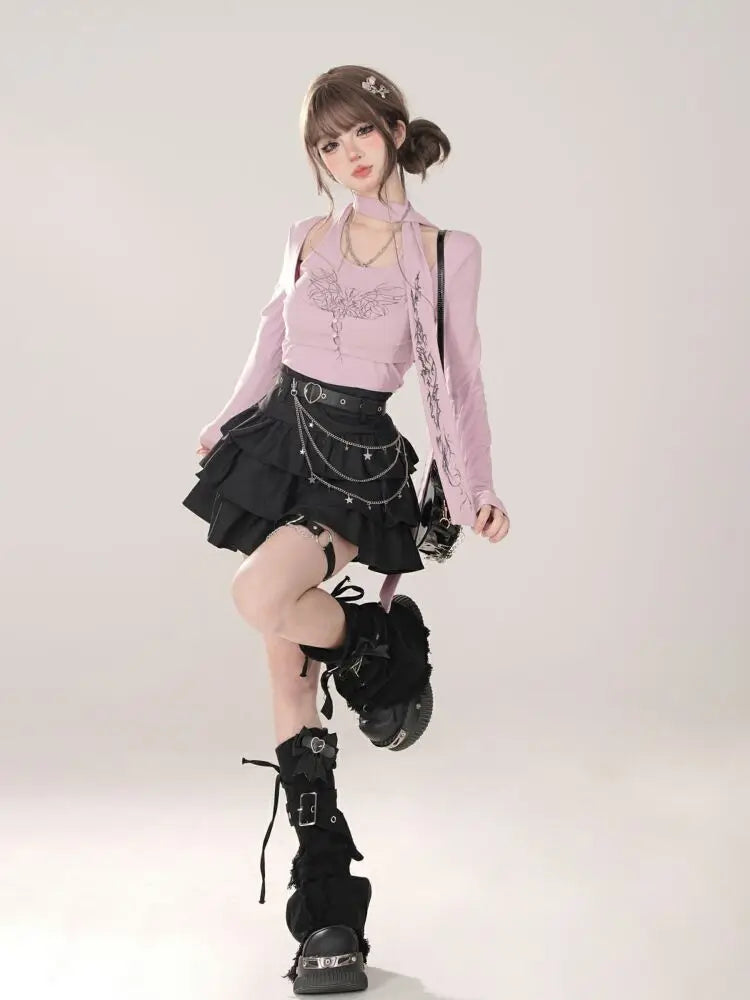 Women Black Gothic A-line Cake Skirt Vintage Y2k Skirt Aesthetic Harajuku Korean Elegant Kawaii Emo Skirts 2000s Trashy Clothes