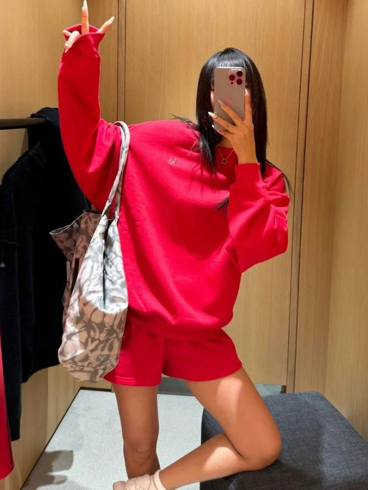 Fashion Trends Solid Long Sleeves Top Spring Black Red Round Neck Sweatshirts Simple Classic Letter Loose Casual Sports Top