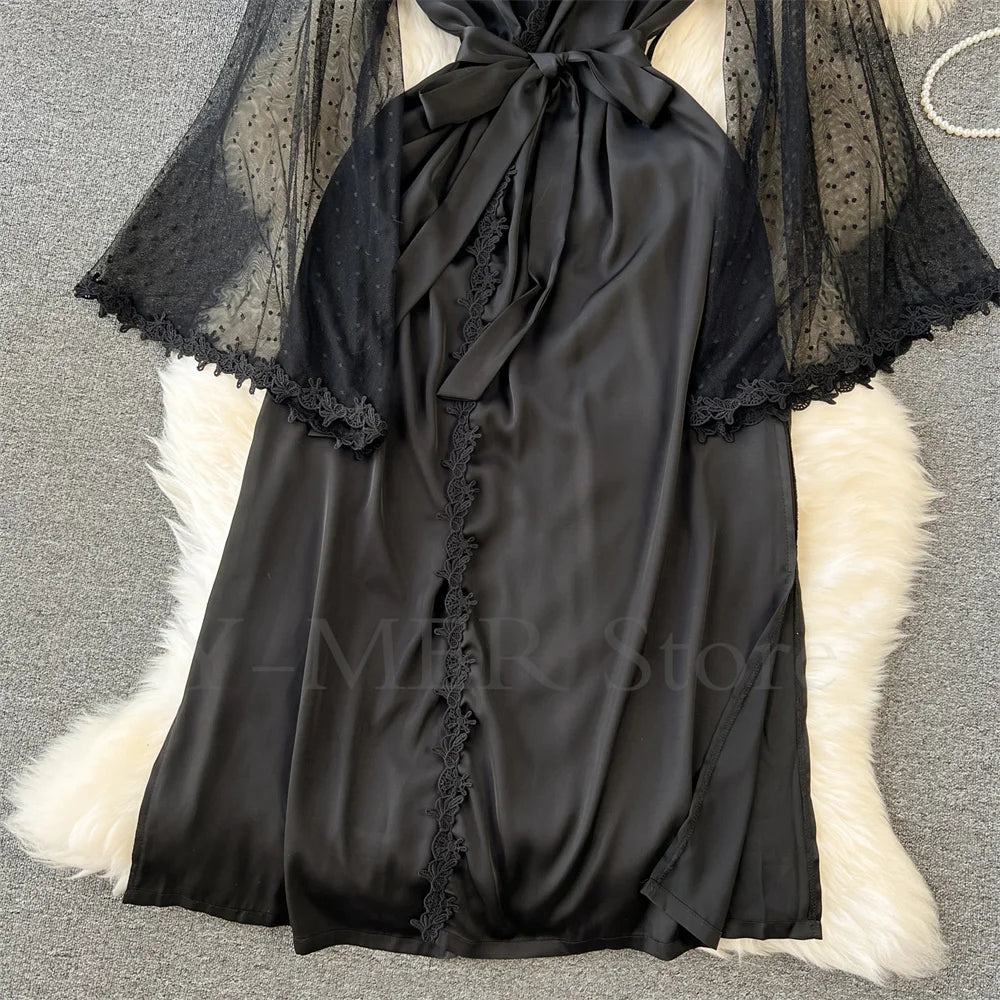 Sexy Embroider Edge Lady Kimono Bathrobe Dress Gown Mesh Sleeve Wedding Long Robe Sleepwear Loose Silk Satin Nightwear Lingerie