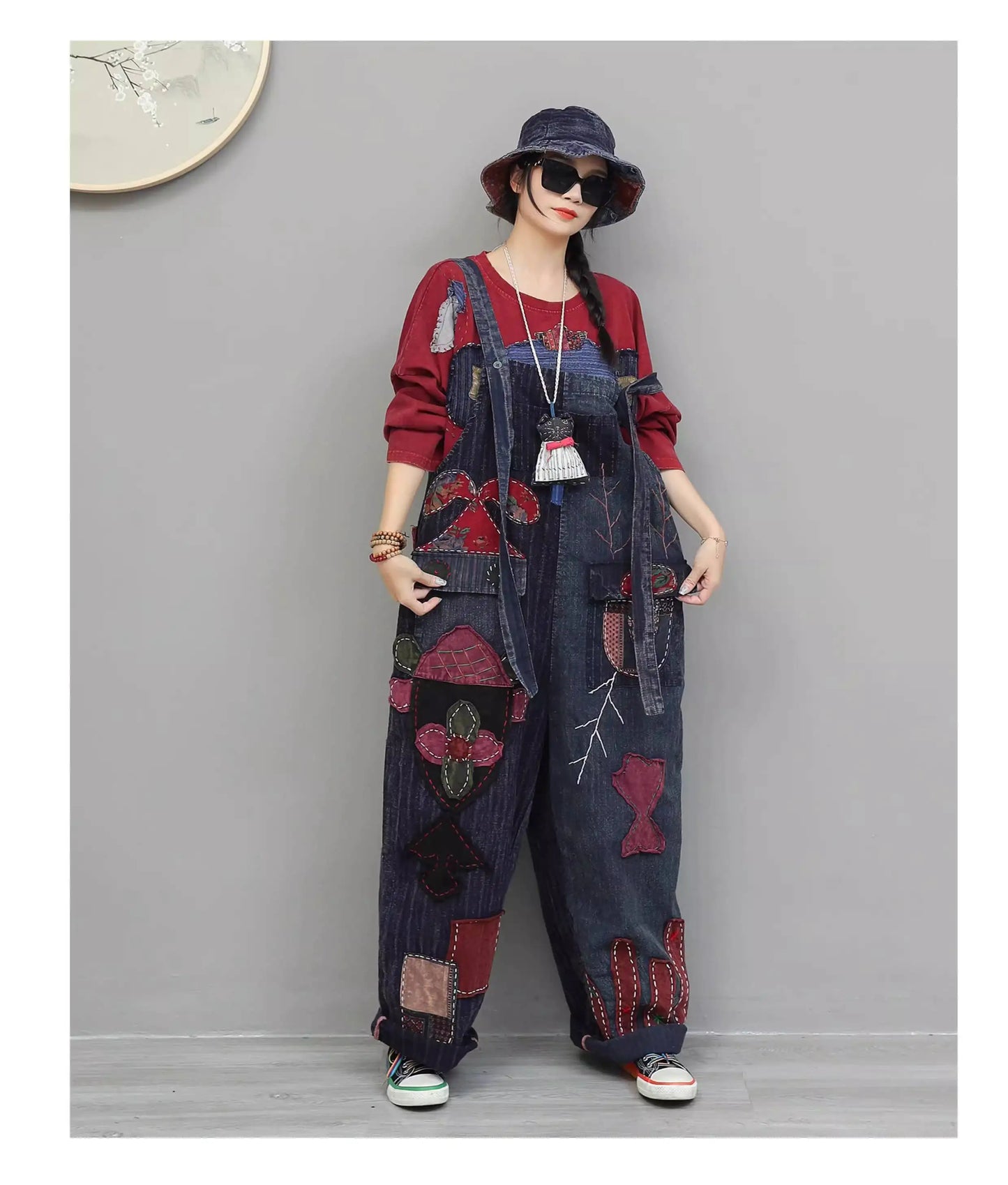 Hand Embroidery Old Cloth Patchwork Wide Leg Strap Long Pants Women Autumn Loose High Waist Jumpsuit LX4343 Badiee Stylez
