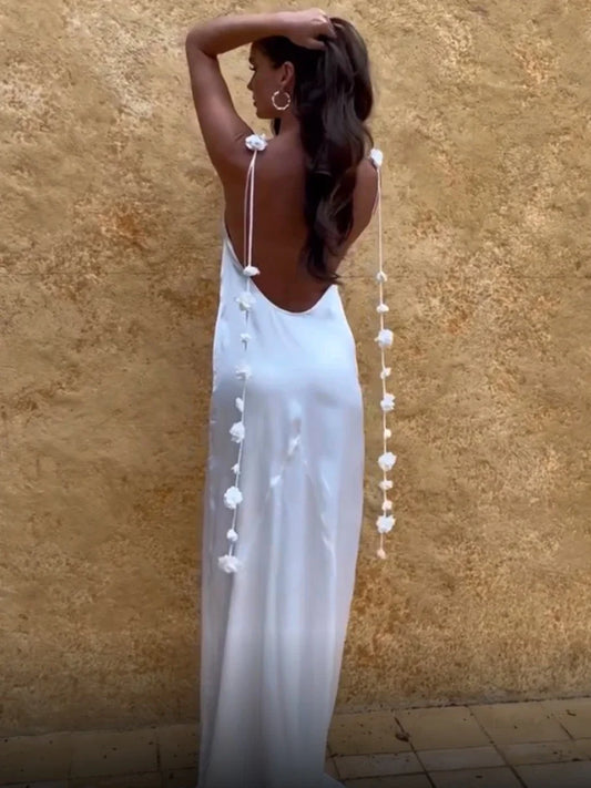 Combhasaki Women's Vintage Solid Color Flower Tassel Backless Sleeveless Summer Party Club Satin Maxi Long Bodycon Sling Dress