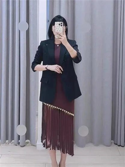 Women Diagonal Tassels Sleeveless Knit Dress Rhinestone Decoration 2025 Spring Summer Lady Retro Slim Knit Midi Robe Badiee Stylez